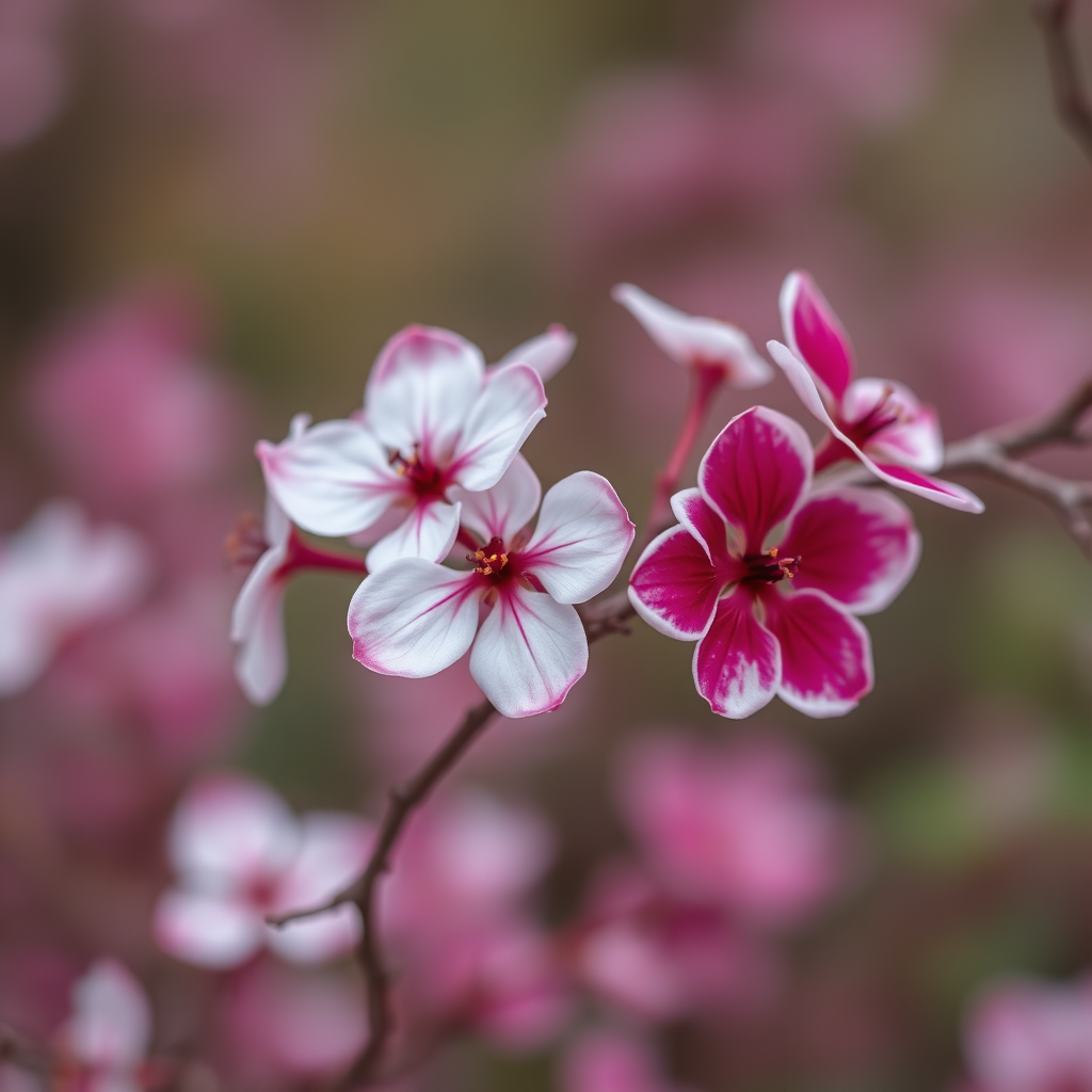 A close-up view of delicate flowers with striking white petals edged in deep magenta, arranged gracefully on thin, twisting branches. The background is softly blurred, creating a bokeh effect that emphasizes the flowers' vibrant colors. The setting evokes a tranquil garden atmosphere, with muted earth tones blending into the soft pinks and greens of the surrounding foliage. The overall aesthetic feels hyperrealistic, showcasing intricate details of the petals, including faint veins and subtle textures, contrasted against the gentle, diffused light that enhances their natural beauty.