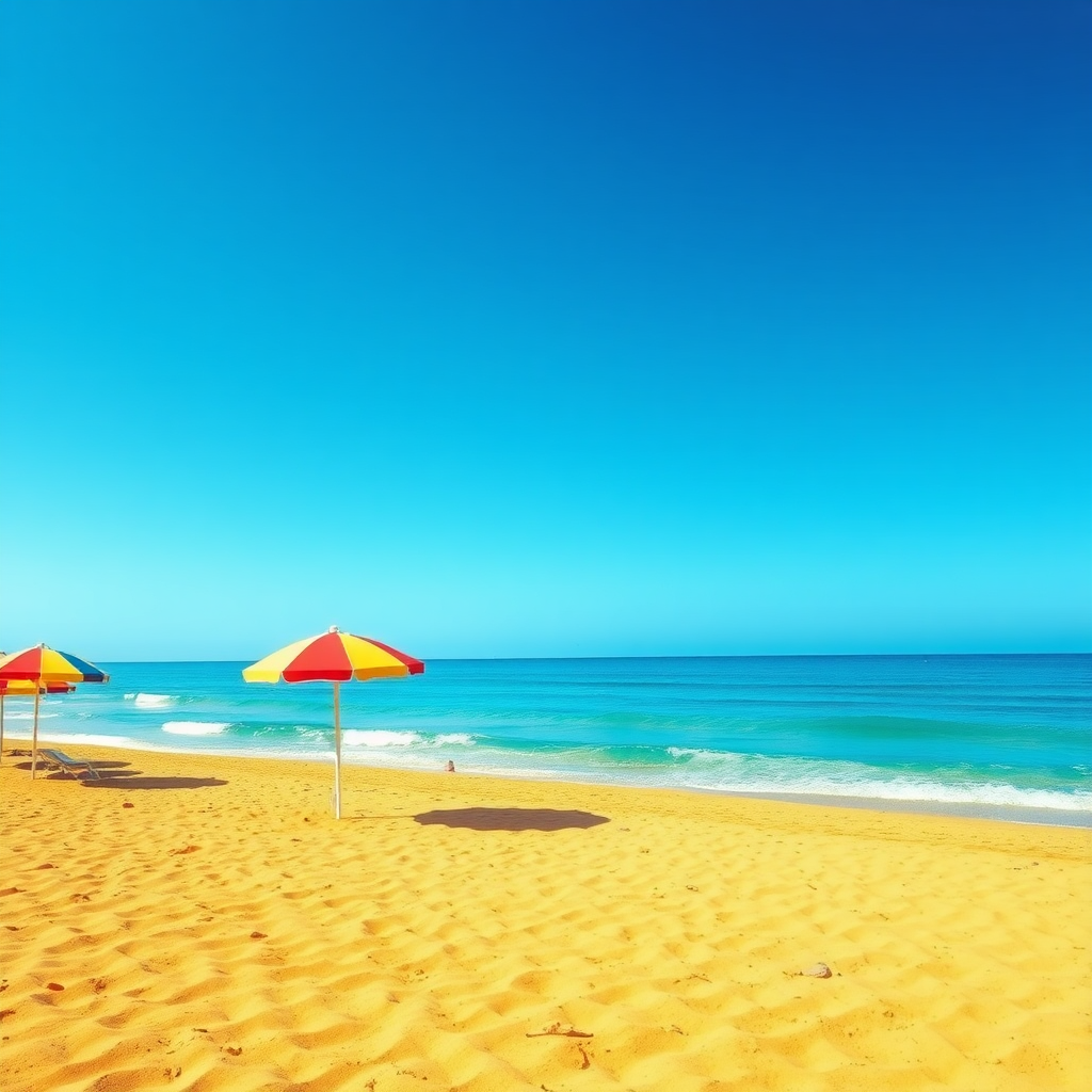 (bright and sunny beach with unsettling undertones, high-resolution realism, tranquil yet eerie) (best quality), (masterpiece), (high-definition), (bright colors, peaceful yet disturbing), the scene shows a bright and sunny beach with golden sand stretching as far as the eye can see. Clear blue waves gently lap against the shore, and the sky is a perfect azure. A few beach umbrellas stand scattered, casting colorful shadows on the sand. At first, everything feels calm and peaceful, but as you stay longer, the quiet becomes unnerving. The waves seem to roll in with an unnatural rhythm, and the shadows cast by the umbrellas twist slightly as the sun moves across the sky. The beach is too perfect, too quiet, with no signs of life except for the occasional faint footsteps that echo in the distance.