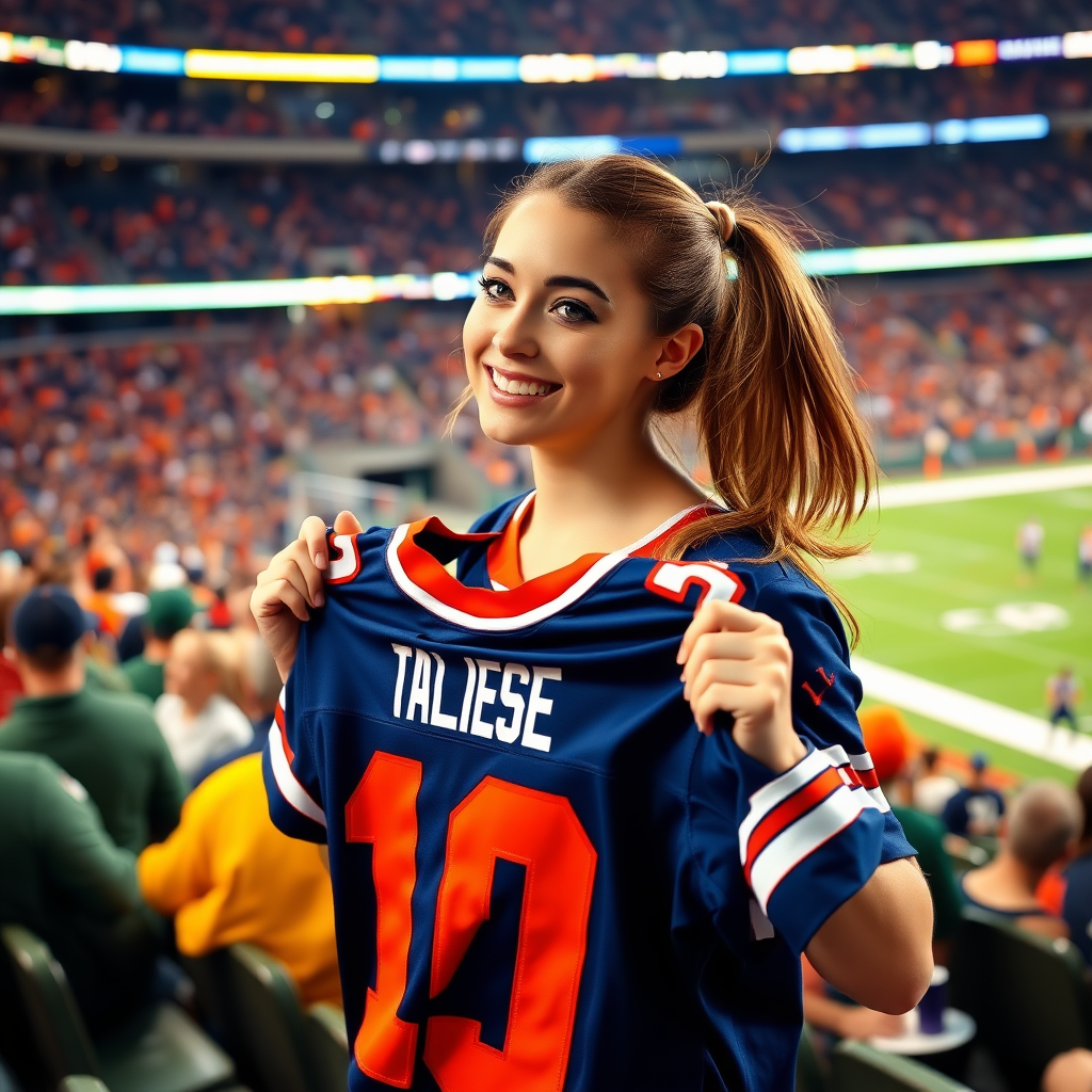 Attractive female NFL fan, pigtail hair, inside bleacher row, crowded, holding up a spare jersey, cheer, watching match, NFL stadium