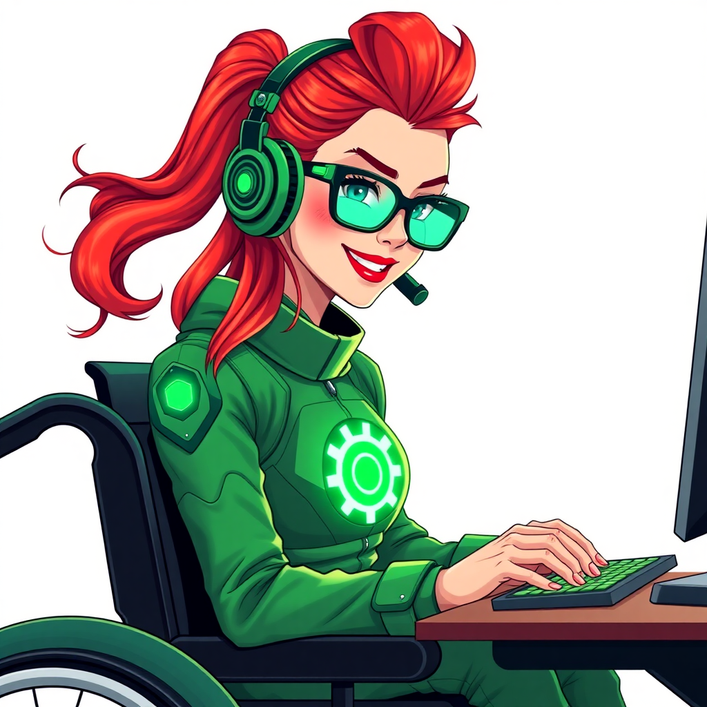 A nerdy, 29-year-old tech genius in a wheelchair, with a long fiery-crimson ponytail. She wears maximum green lipstick, bright blue eyes, and a hi-tech maximum green suit featuring a neon green glowing cog chest icon. She sports an emerald headset, black eyeglasses with a neon green lensed HUD, and a lovestruck smile with neon red blush. She serves as her corrupt cyberpunk CEO's tech expert from his company's cybersecurity division, diligently working at her computer desk. The background is solid white. She is drawn as if she was in a retro 2D cyberpunk fighting game.