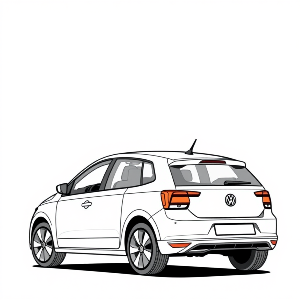 a white VW Polo V, driver door open  
long establishing shot, 2D, caricature, cartoon, Sketch lines, coloring book, coloring book style on white background, well composed, clean coloring book page, No dither, no gradient, strong outline, No fill, No solids, vector illustration, side view, vector illustration, movement lines