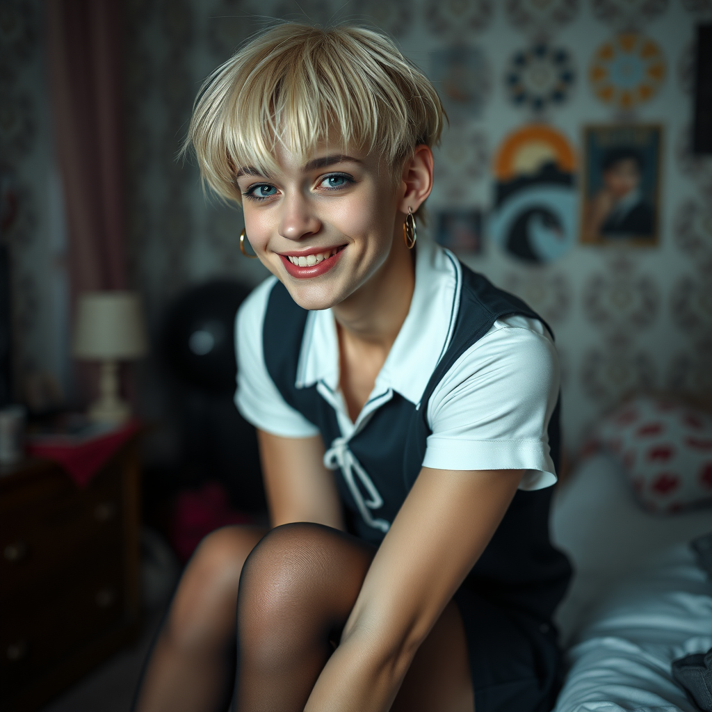 photorealistic, ultra high resolution, 16K, surreal fantasy, soft studio lighting, a pretty 16 year old goth male, slim male physique, short blonde hair, goth makeup, earrings, sheer black pantyhose, UK girls-school uniform, Mary-Jane shoes, in the bedroom - , excited smile, facing the camera.