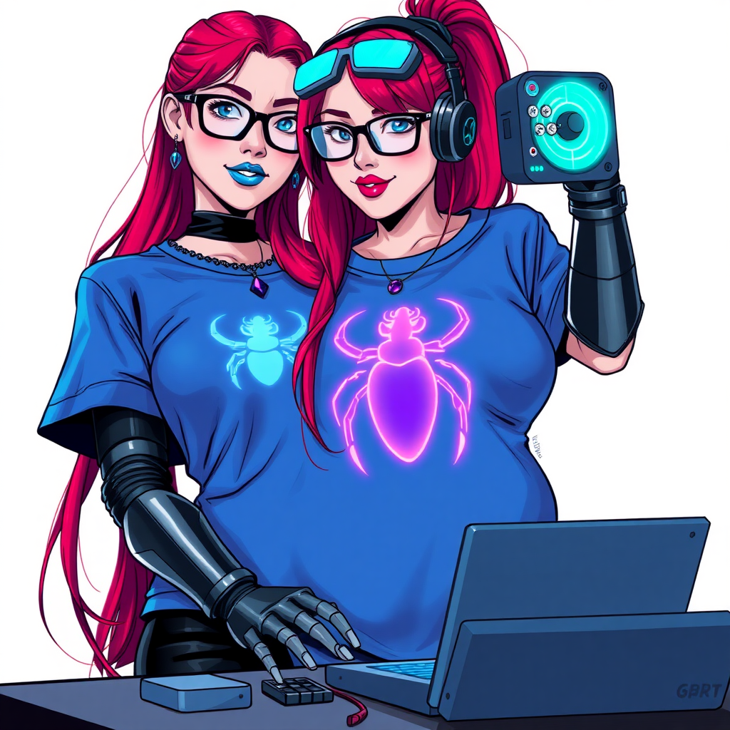 A cyberpunk vigilante’s full-figure intelligent and tech-savvy 28-year-old girlfriend, who is a computer hacker and tech genius. She has a long ruby red ponytail. She wears maximum blue lipstick, blue eyes, a sapphire beetle gemstone necklace, sapphire earrings, black eyeglasses, hi-tech metal arm armor, and an oversized maximum blue t-shirt featuring a neon blue glowing beetle chest icon accentuating her prominent, round, gargantuan midsection. She sports a sapphire headset with a hi-tech maximum turquoise lensed HUD, and a shy smile with a neon red blush. She serves as his tech expert from his hideout, diligently working at her lab table and computer desk. The background is solid white. She is drawn as if she was in a retro 2D cyberpunk fighting game.