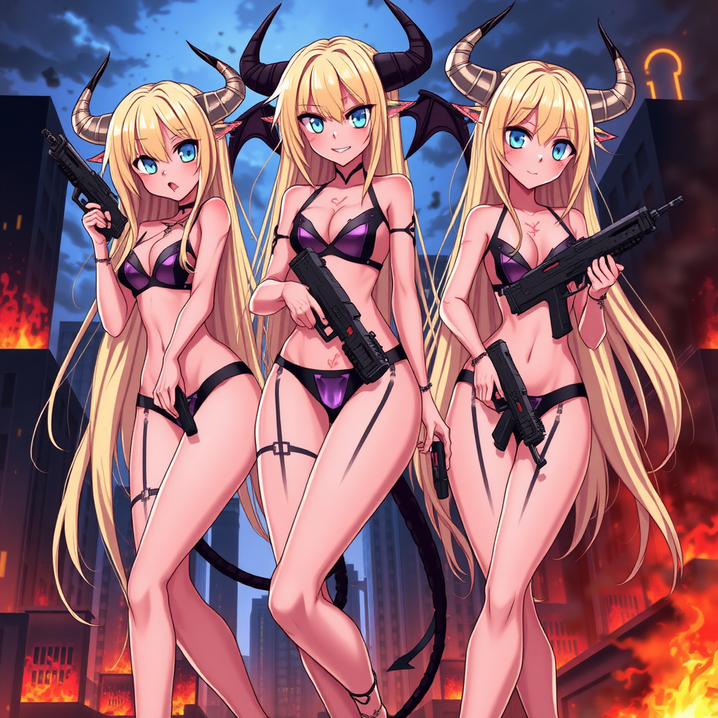 Anime, city burning background, 3 mischievous tall-slender demon girls, long blond hair, blue eyes, wearing sexy-micro bikini-bra-like clothing, g-string, womb tattoo on belly, mischievous smile, large breasts, full body, long legs, looking at viewer, holding tech-blaster guns.