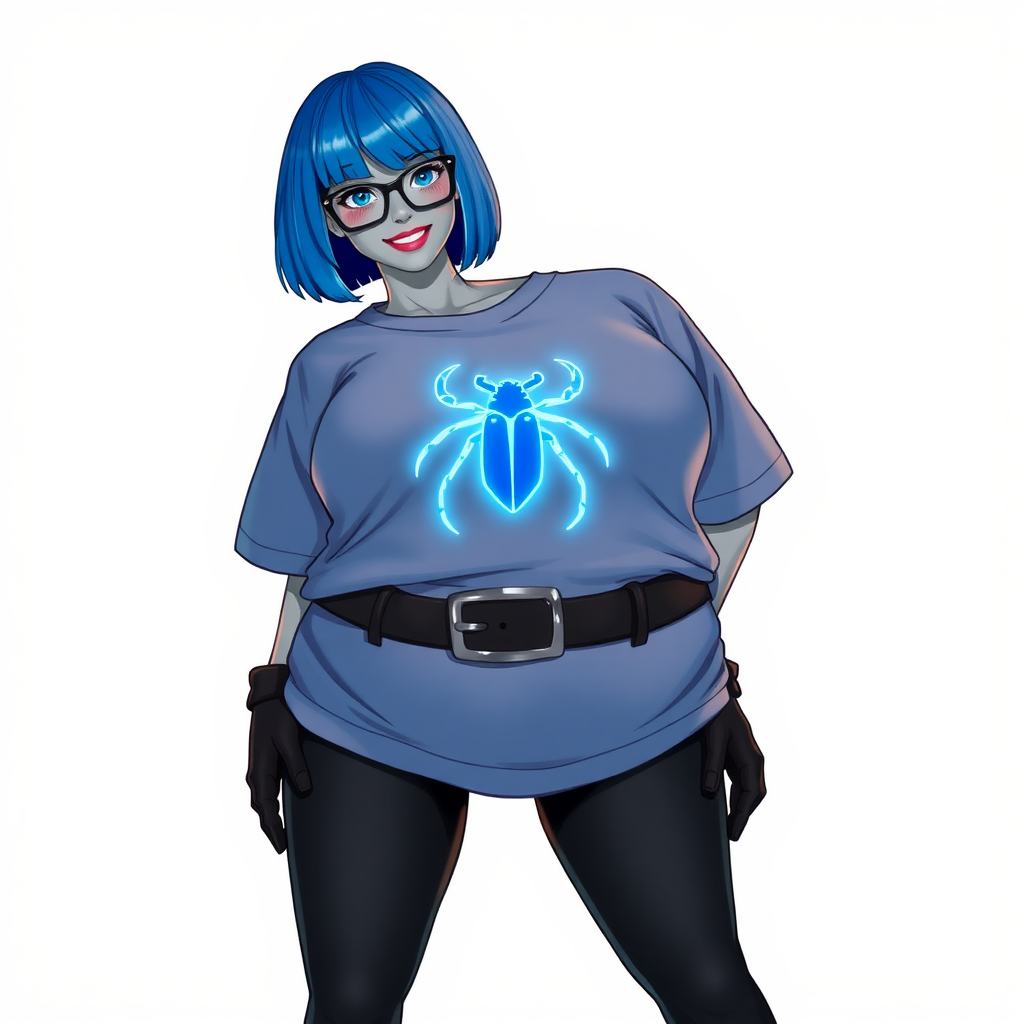 A 28-year-old, full-figured, metallic middle gray skinned computer program hybrid with a maximum blue bob cut. She has a non-athletic build, highlighted by a prominent, round, large midsection (with a full emphasis on her belly). As a digital sidekick, computer hacker, and nerdy girlfriend to her cyberpunk vigilante boyfriend, her middle gray metallic skin and maximum blue lipstick emphasize her digital nature. She wears a costume consist of an oversized, tight-fitting, maximum blue t-shirt (accentuating her large belly) with a neon blue glowing chest icon of a beetle, black pants, a black belt with a sapphire scarab buckle, and black gloves. Her bright blue eyes, black eyeglasses, and lovestruck smile with neon red blush accentuate her nerdiness. She stands bashfully with her hands behind her back, her t-shirt covering all her skin (especially her large belly) and emphasizing her full-figured, non-athletic physique. She is on a solid white background. She is drawn as if she was in a retro 2D cyberpunk fighting game. She is clearly non-athletic, with emphasis on her full-figured and pudgy physique. Ensure her t-shirt covers her midsection (especially her large belly).