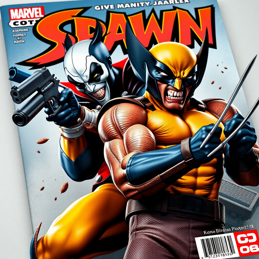 On a comic book cover is Spawn holding a gun Vs Wolverine in Cinematic Real3d photo-realistic quality.