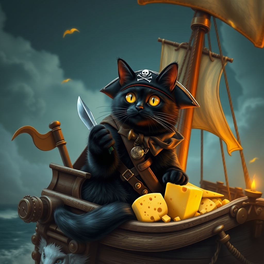 Black cat pirate Captain with treasure cheese filled with cheese on a pirate airship, steampunk