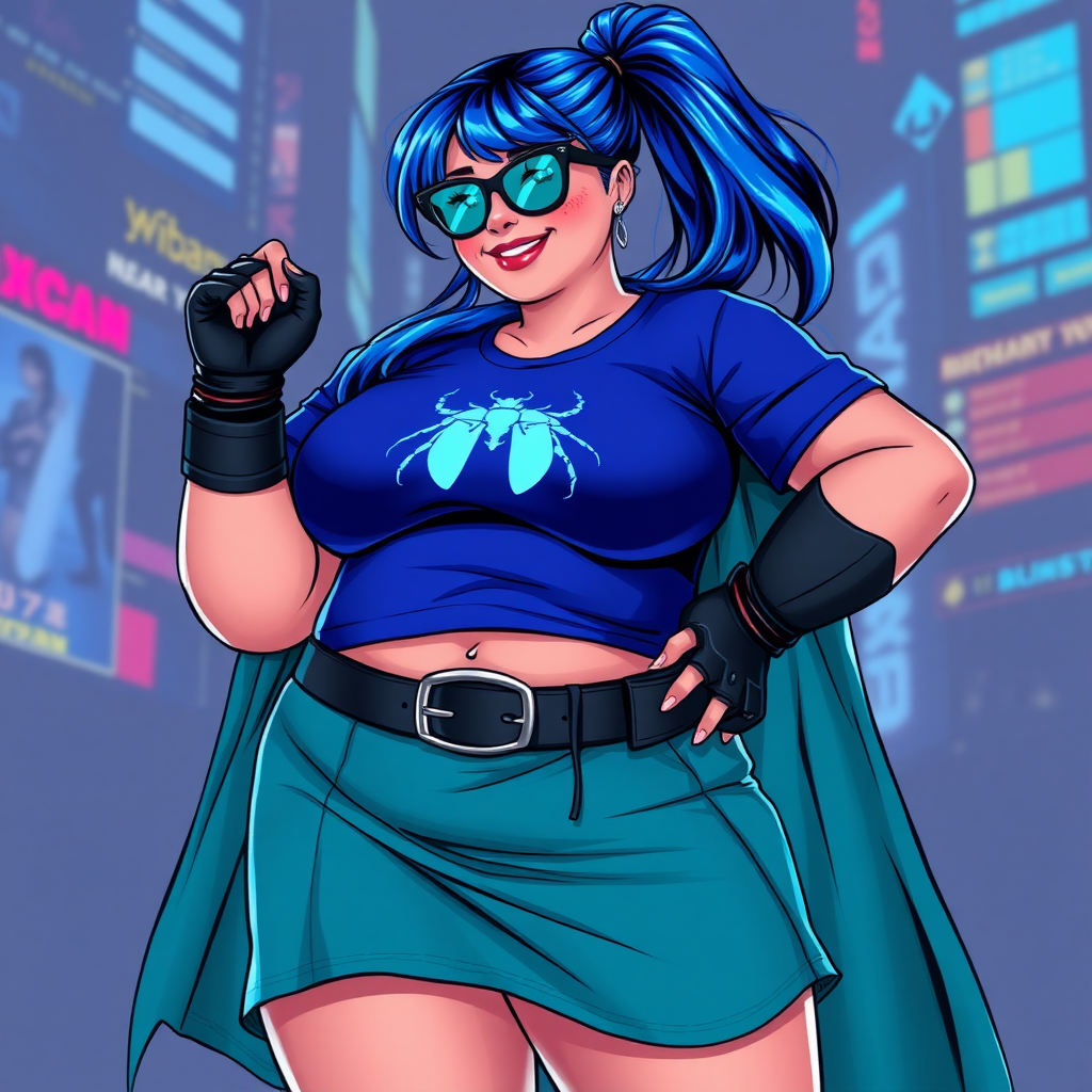 A 28-year-old, full-figured tech genius vigilante, she is the devoted girlfriend and nerdy sidekick of a cyberpunk vigilante. Her maximum blue ponytail and glowing sapphire eyes are striking features. Her prominent, round, large midsection, gigantic limbs, and broad shoulders define her full figure. As the loyal and supportive sidekick, she plays a crucial role in their missions, using her digital and technological prowess to assist and protect.

She wears an oversized maximum blue t-shirt with a glowing neon blue beetle chest icon, maximum turquoise skirt and cape, a black belt with a sapphire scarab beetle, and black high-tech shock gloves. Her neon red blush and lovestruck smile are ever-present. Her full figure shows how massive effects of the pampering by her doting boyfriend. Her nerdiness is unmistakable, accentuated by her black oversized eyeglasses with maximum turquoise lenses. She serves as her boyfriend’s indispensable crime-fighting partner. She is drawn as if she was in a retro 2D cyberpunk fighting game.