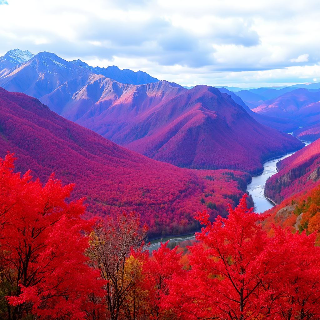 Beautiful autumn scenery, with red leaves, mountains and rivers, photos, HD, vast landscapes.