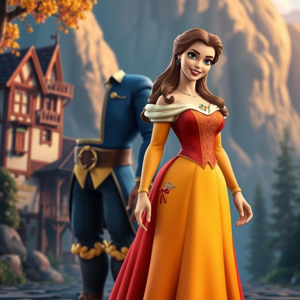 Generate a full-length rendered image featuring Belle using Gaston’s male body. Retain Belle’s head, hairstyle, and facial features. Adapt her costume by incorporating embellishments from Gaston’s attire, adjusting it to fit the new proportions. Design a background inspired by both characters, merging elements from the charming village and the rugged wilderness. Ensure the overall composition showcases a seamless blend of femininity and masculinity, while reflecting the essence of the original characters.