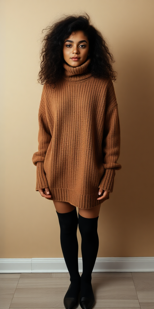 A fullbody photo of a nerdy 18 year old indian woman with curly long hair, wearing an oversized turtleneck sweater and black thigh highs, standing