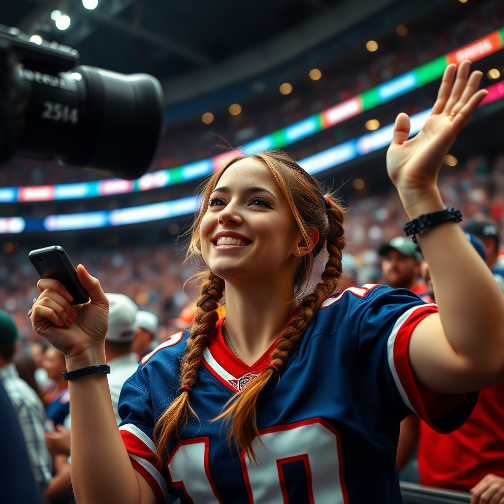 Female NFL fan, hot, pigtail hair, jersey, cheering while looking at a TV camera, POV of TV camera, inside crowd