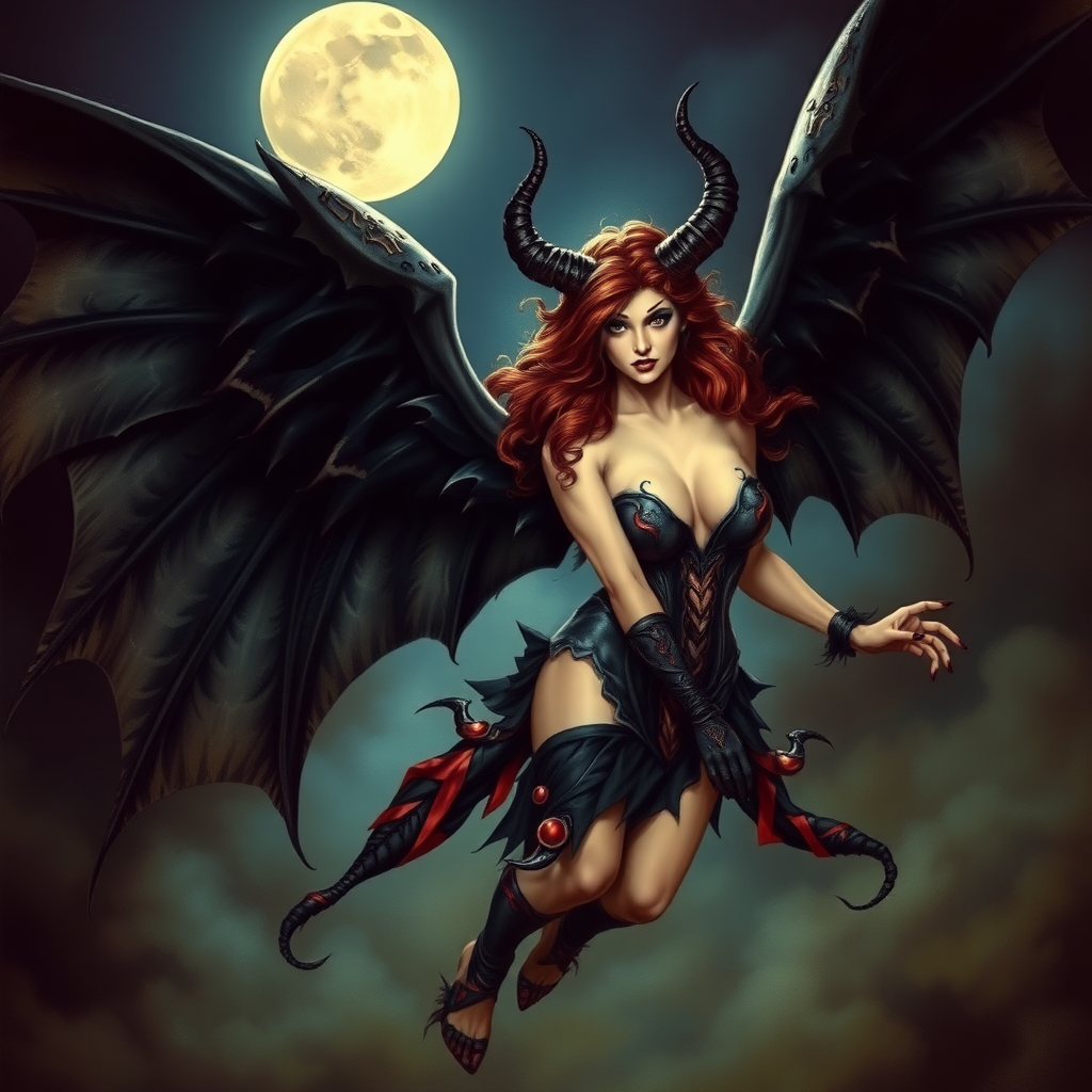 A beautiful winged succubus staring wickedly her outfit is designed to entice. She's flying high in a dark, moonlit sky. The wicked scene is dark and spooky with the art styling of Brian Froud. Cosplayed by a young vicious Drew Barrymore.