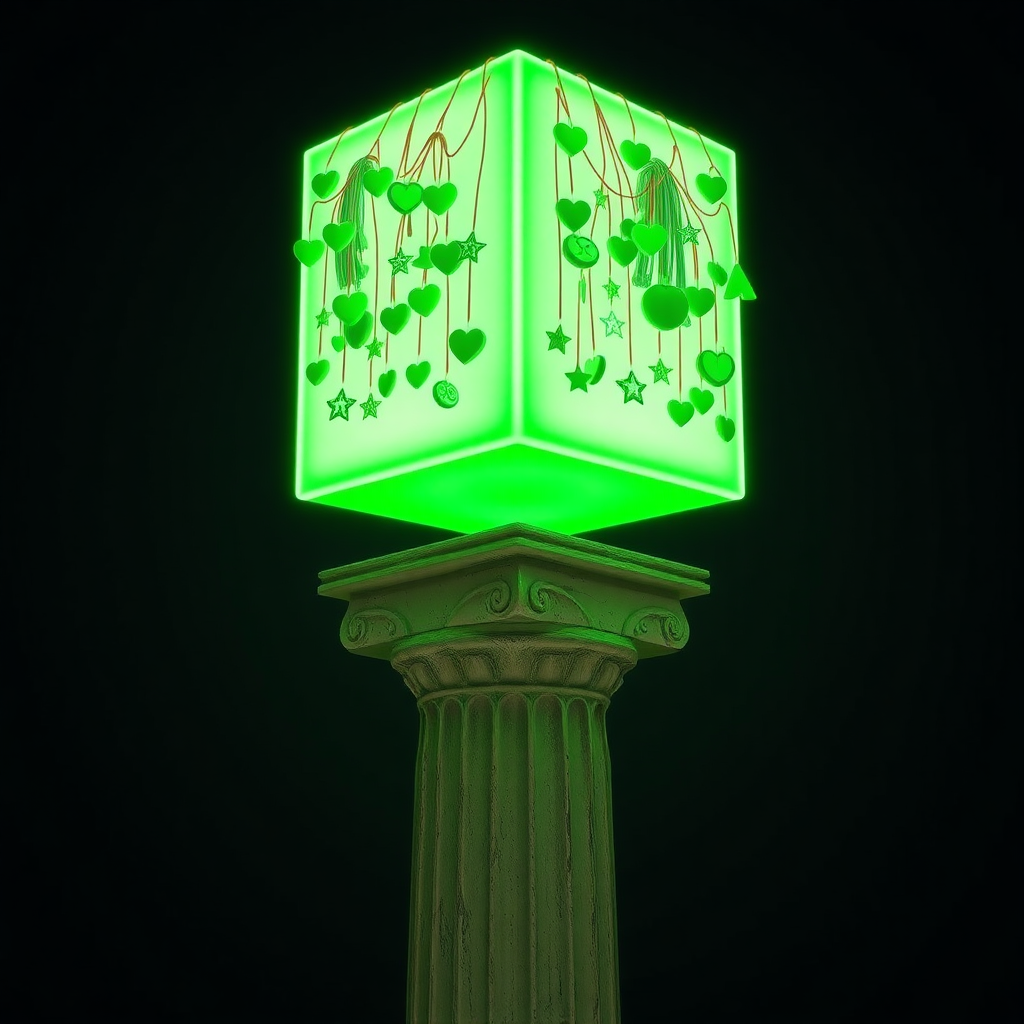 A photograph of a small, ancient Greek column with weathered, fluted details at the base. Atop the column is an oversized, glowing green rectangular volume, designed as a funky art installation. The glowing structure casts an eerie light on the small column, and numerous quirky green objects—like small hearts, stars, and abstract shapes—hang from the bright volume. The surreal, playful installation creates a striking contrast between the ancient column and the modern, glowing design.