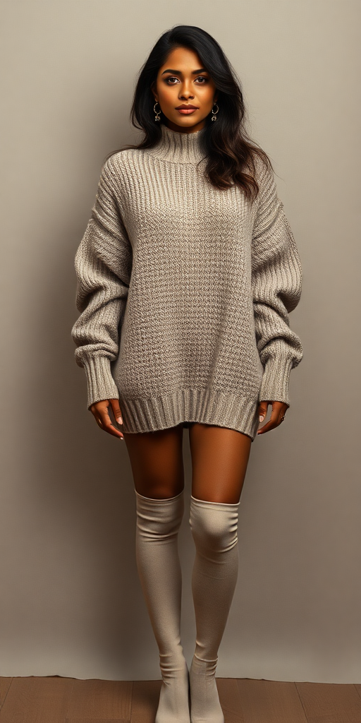 a fullbody photo of an indian woman wearing an oversized sweater and thigh highs