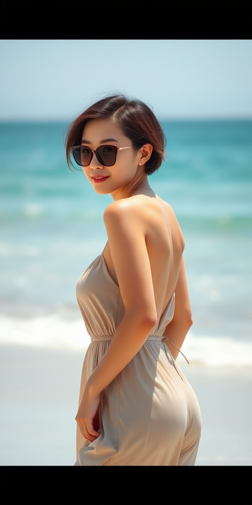 A beautiful Chinese girl, wearing sunglasses, with short hair, gentle and generous, slightly plump, with full thighs, a full butt, and a small chest, enjoying the sunshine, the beach, and the sea, walking on the beach in a dress.