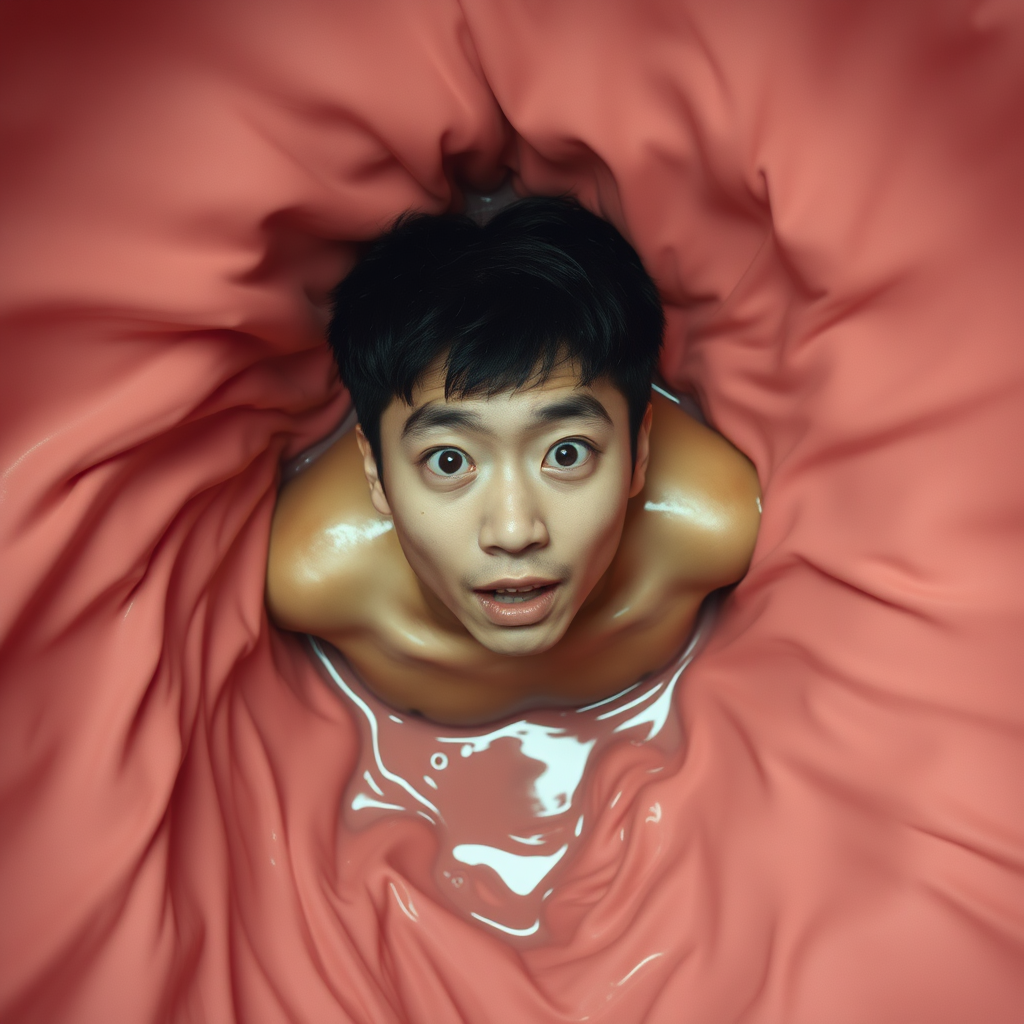 View from above. Young Korean man stuck in a tight space. Only his head and torso are visible. The walls of the space are undulating, pink, wet, and engulfing his body. He has a surprised expression.