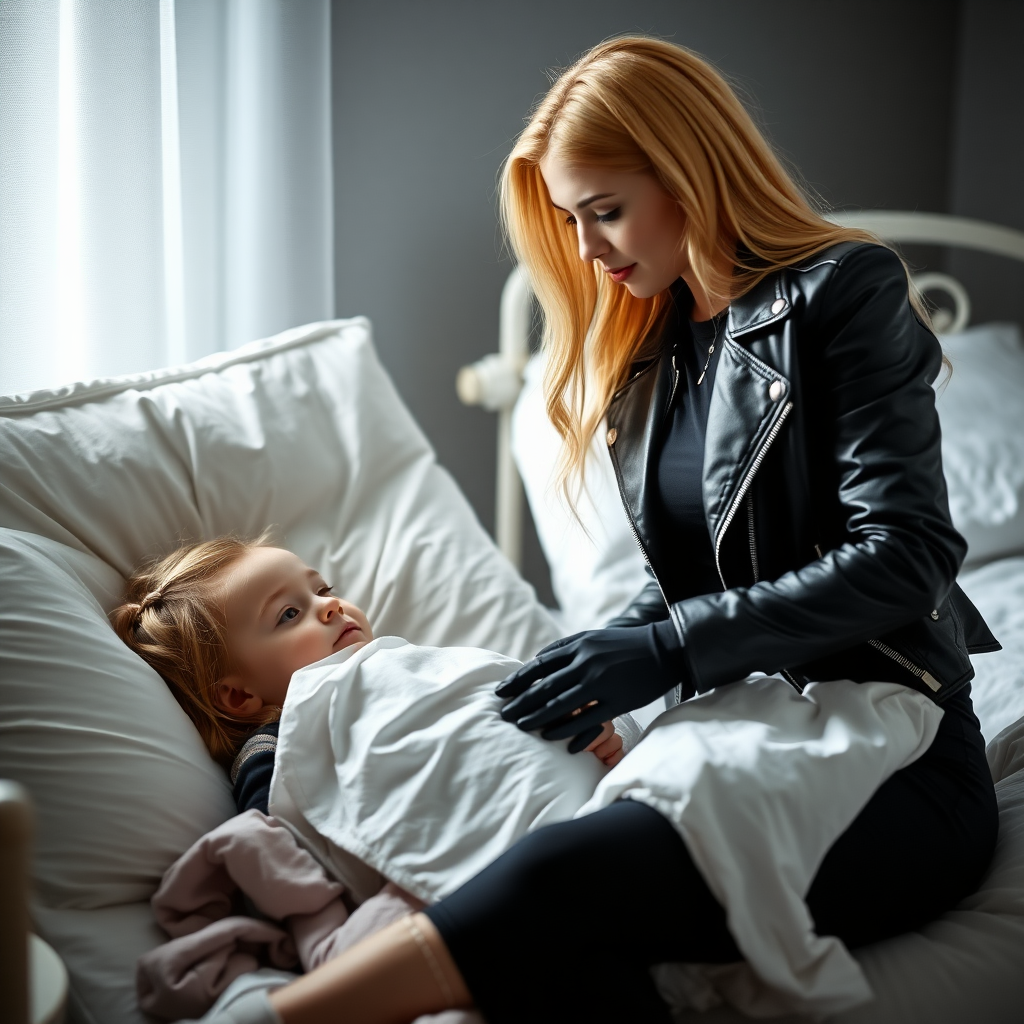 A beautiful blonde female burglar in a black leather jacket over a black t-shirt, with black pants and gloves, visits her sick little daughter lying in bed.