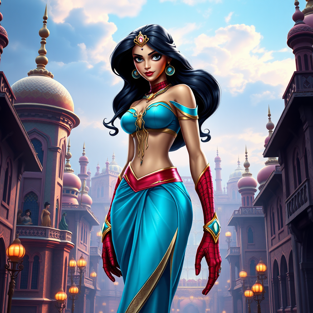 Create a full-length photorealistic render featuring Princess Jasmine embodied with the lean, muscular male figure of Spider-Man. Maintain her head and hairstyle as they are, while adapting her costume to fit the new body structure, merging traditional Jasmine elements with a superhero twist. Design the background to blend an Arabian palace and a modern cityscape, inspired by both Aladdin and Spider-Man's worlds, ensuring a seamless integration of colors, architecture, and style.