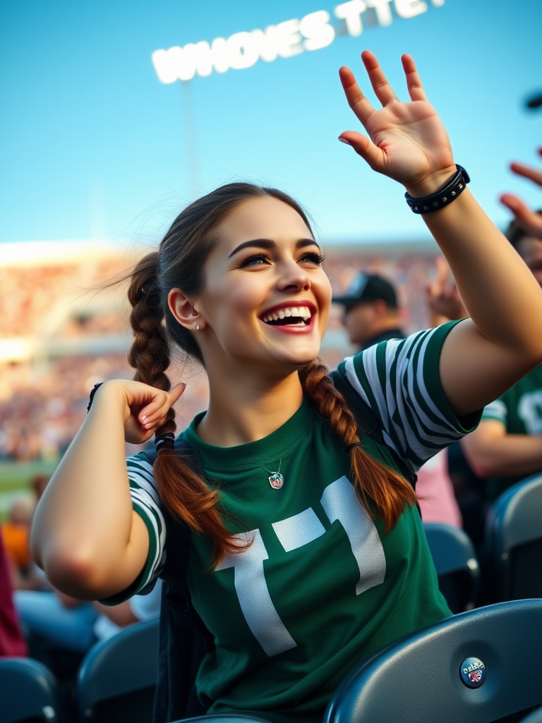 Attractive female NFL fan, cheering wildly, pigtail hair, stadium bleacher row, bottom shot