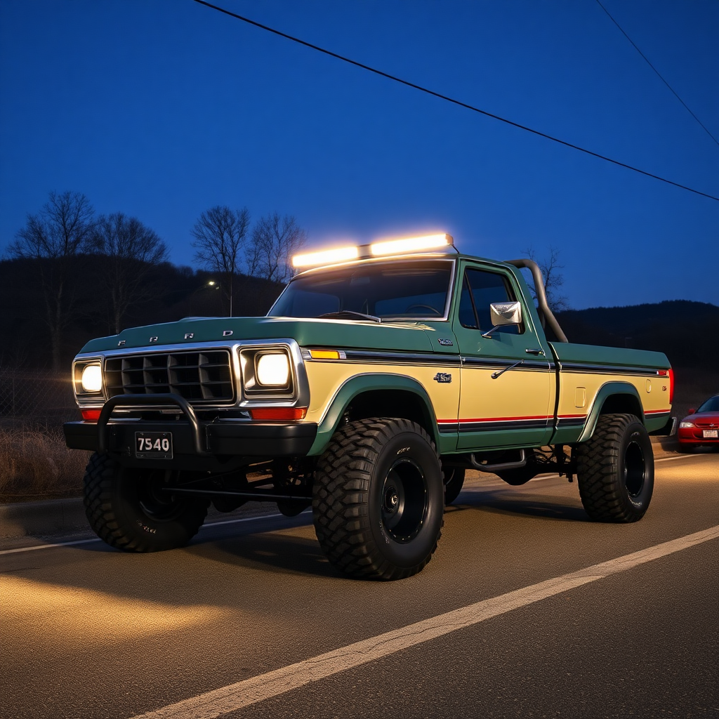 the car is parked on the side of the road, inspired by Taiyō Matsumoto, tumblr, restomod, nd4, c4 ford 4x4 pick-up monster truck light bar