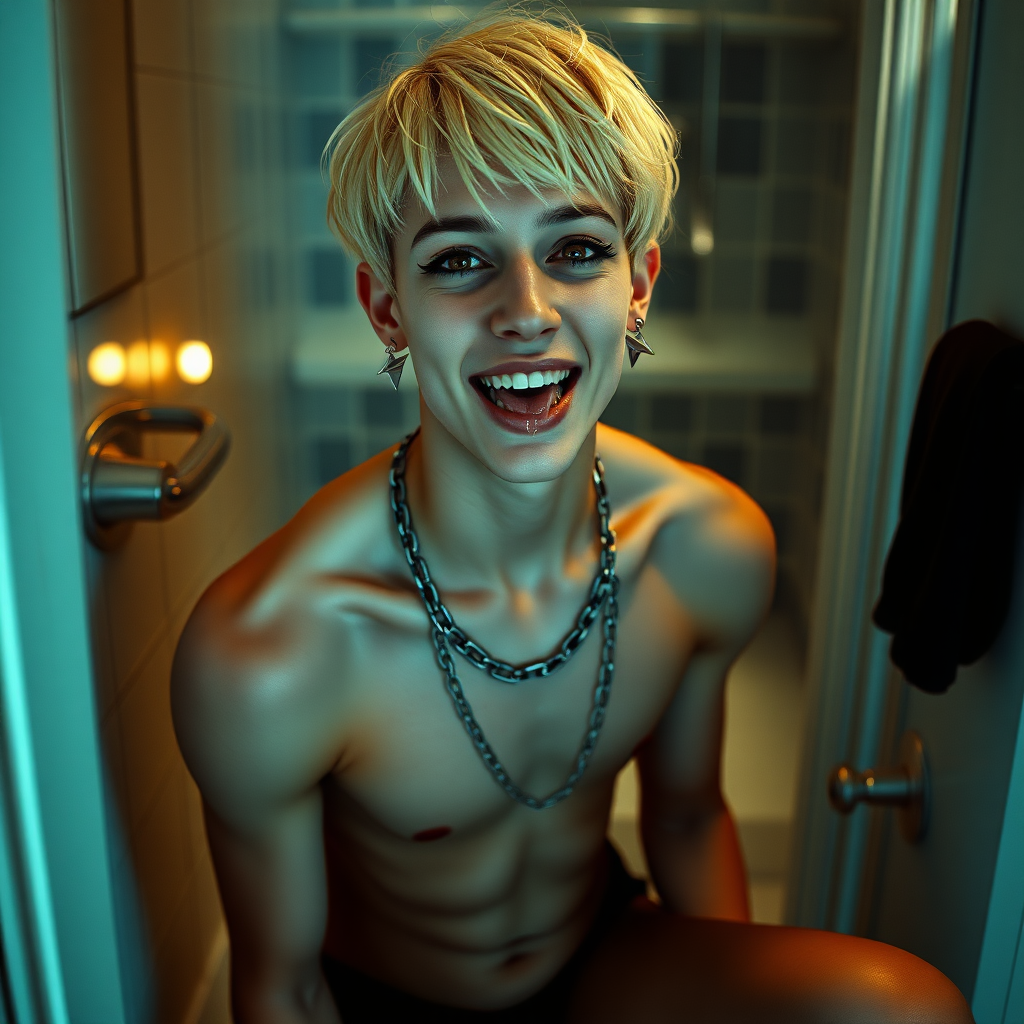 photorealistic, ultra high resolution, 16K, surreal fantasy, studio lighting, a pretty 16 year old goth boy, slim male physique, short blonde hair, goth makeup, earrings, spikey chain and leash, pantyhose, white ballet shoes, in the bathroom, excited smile, facing the camera, drooling from his mouth.