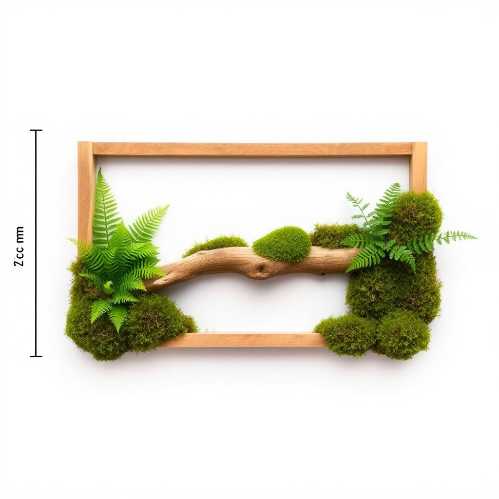 A horizontally positioned frame measuring 20 cm long, 15 cm wide, and 5 cm deep is filled with ferns and moss, with a piece of driftwood in the center, and moss covering the empty corners.