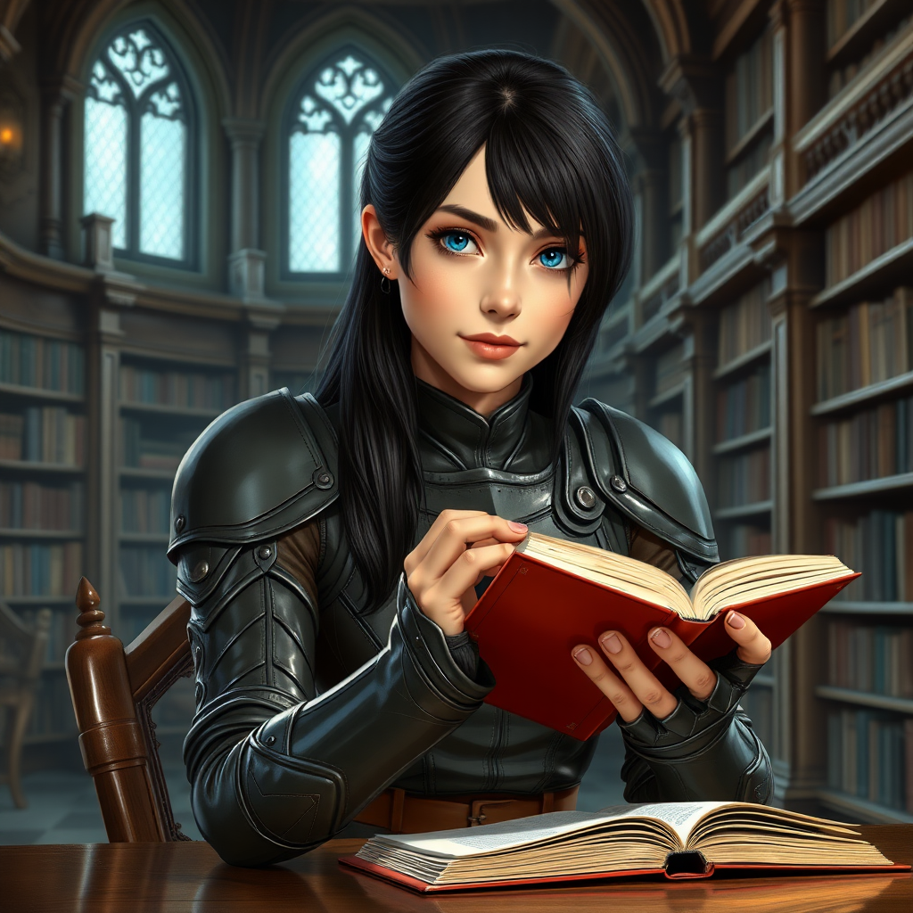 beautiful young woman, dark hair past her shoulders, blue eyes, small, slim figure, wearing full leather armor suit, sitting, sandwich on the table, reading a book, in a grand old library.