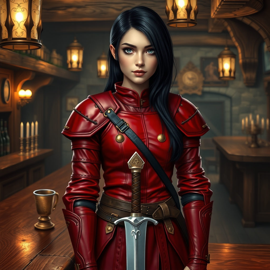 A photo realistic girl with black hair in red leather armor and wearing a sword on her belt standing at the bar in a medieval tavern