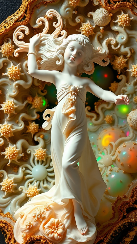 preteen girl statue in dynamic pose, porcelain doll, mandelbulb fractal, ultra-detailed, dynamic composition, artistic photograph, geode, alabaster, fractal, brilliant colors, glittering, illumination, transparency, translucent, opal, turquoise, gold, romanticism, sharp focus, pottery, floral