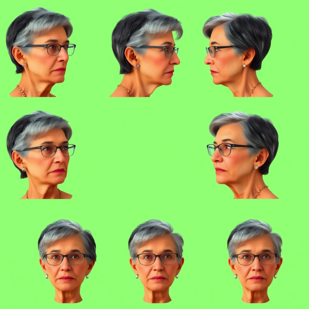 Photorealistic image of six headshots of a 55 Years old, European, Latina, sharp aquiline nose, wrinkles, high cheekbones, Middle Eastern, Skinny, Tanned skin, Dark light skin, full Makeup, jewelry, Sharp nose, frowning, ecstatic face, dark grey Ash hair, short bowl haircut, Brown eye color, Glasses, with detailed features. Each photo displays the same face in profile and front view, cut out and isolated on a green background. All six heads are visible side by side, empty space around each view, no overlapping.