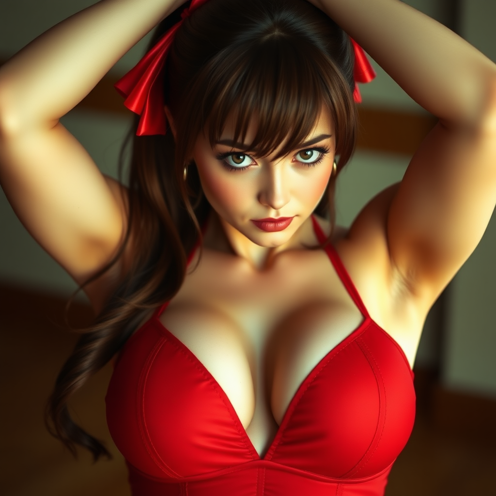 Mai Shiranui cleavage. Arms over head. HD DSLR Photo