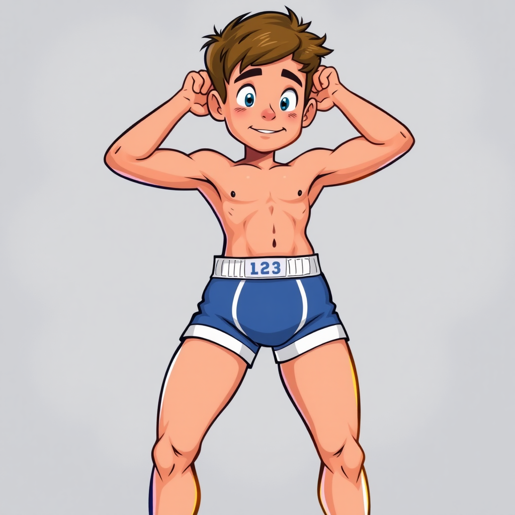 13 year old boy in cartoon boxer briefs sticking out of his shorts