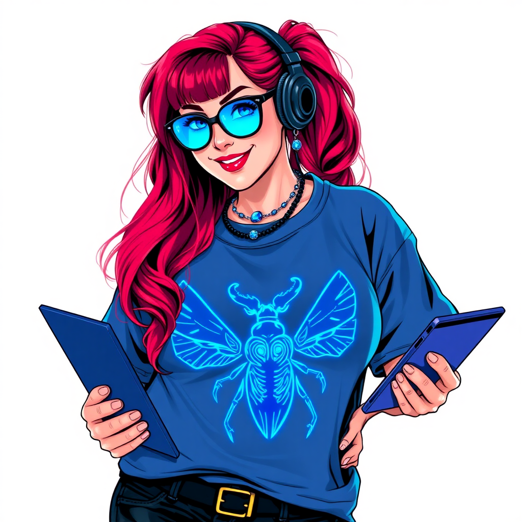 A cyberpunk vigilante’s full-figured intelligent and tech-savvy 29-year-old girlfriend, who is a computer hacker and tech genius. She has a long ruby red ponytail and bright blue eyes. She wears a sapphire beetle gemstone necklace, and an oversized Maximum Blue (RGB 71, 171, 204) t-shirt featuring a giant neon blue glowing icon of a winged beetle on its chest. She has a full-figured physique with a prominent, gargantuan, round midsection, reflecting her well-cared-for lifestyle. The midsection is heavily emphasized. She sports a sapphire headset with hi-tech Maximum Blue (RGB 71, 171, 204) lensed HUD visor, Maximum Blue (RGB 71, 171, 204) lipstick, black eyeglasses, and a beaming smile with a passionate bright red blush. Despite her figure and a lack of self-esteem, she radiates an air of beauty. She has an angular face which contributes to her radiant beauty. She serves as his tech expert from his hideout, holding a holographic tablet and a hi-tech tool wrench. The background is solid white. She is drawn as if she was in a retro 2D cyberpunk fighting game. Make sure her shirt covers her round midsection.