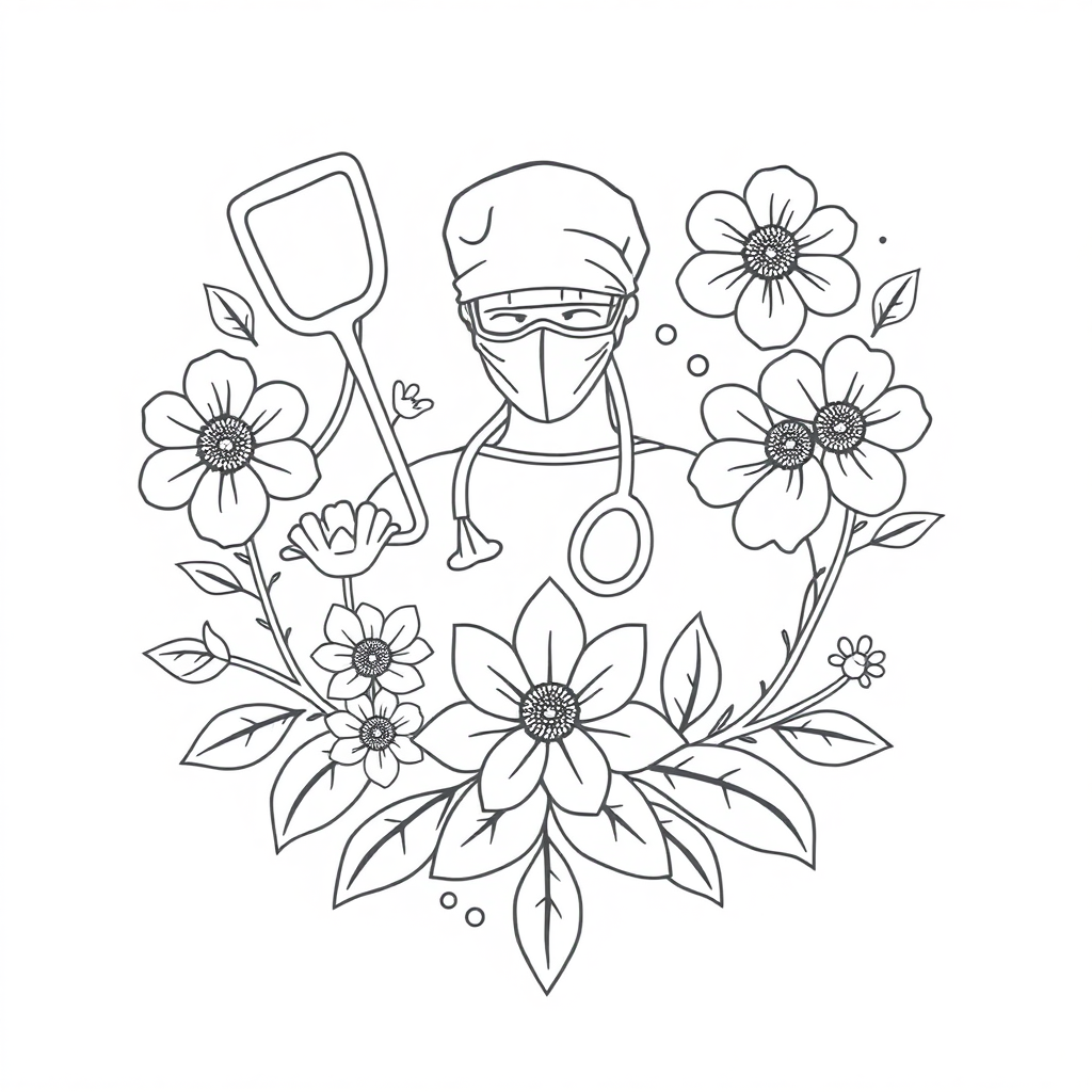 a black on white, line design depicting surgical and floral iconography