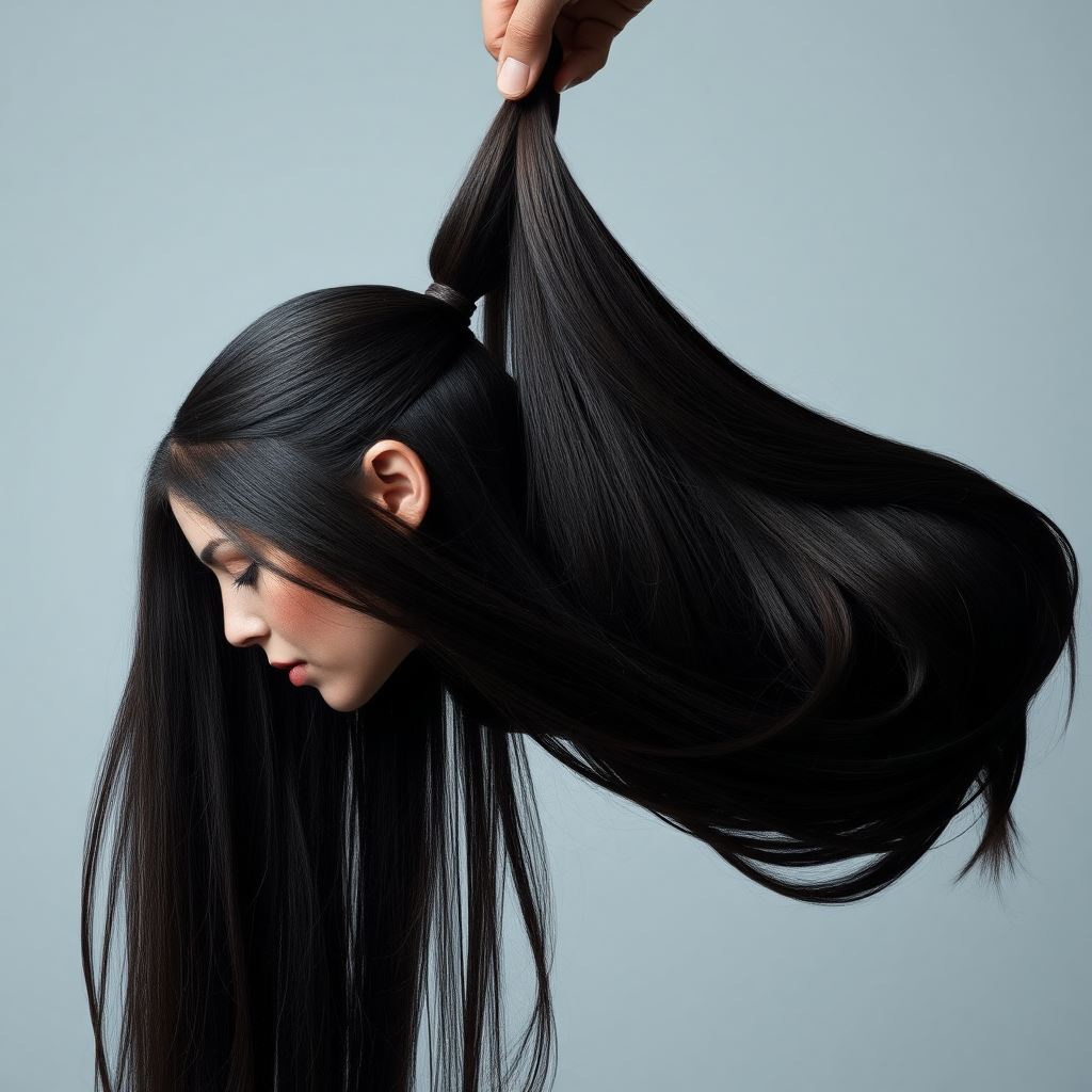 Surreal image of a very long haired woman's beautiful disembodied head hanging by her very long hair. Her very long hair is gathered at the top of her head into a long ponytail that stretches upward into a grasped hand. Plain gray background.