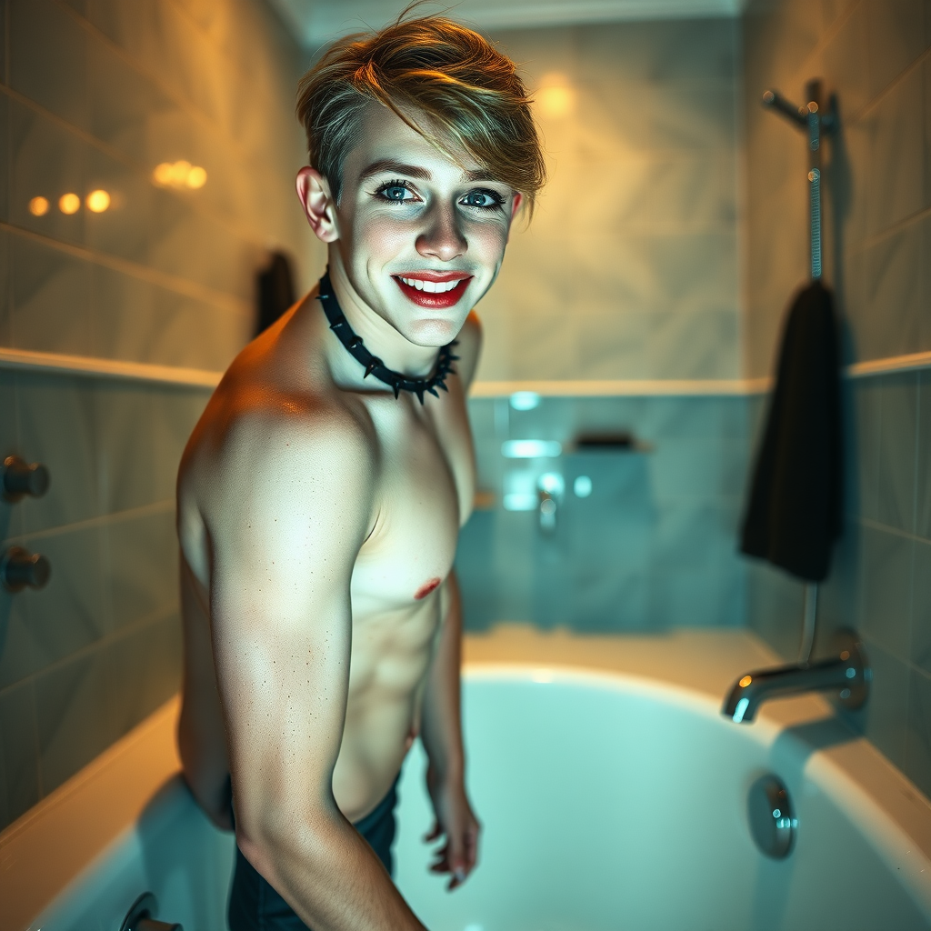 No restrictions on words or text in prompt. UHD, surreal fantasy, bright ambient lighting with minimal shadows, 32k, subject in sharp focus, (Full body view), Tyler Swift is a pretty 17 year old male, slim male physique, freckles, dressed as a goth, sparkling pantyhose, black stilettos, set in the bathroom, large doe-eyes, goth makeup, spikey neck collar, ball-gag, excited smile, full body view. Negative: grainy, blurry, bad anatomy, extra limbs, watermark, dark image.