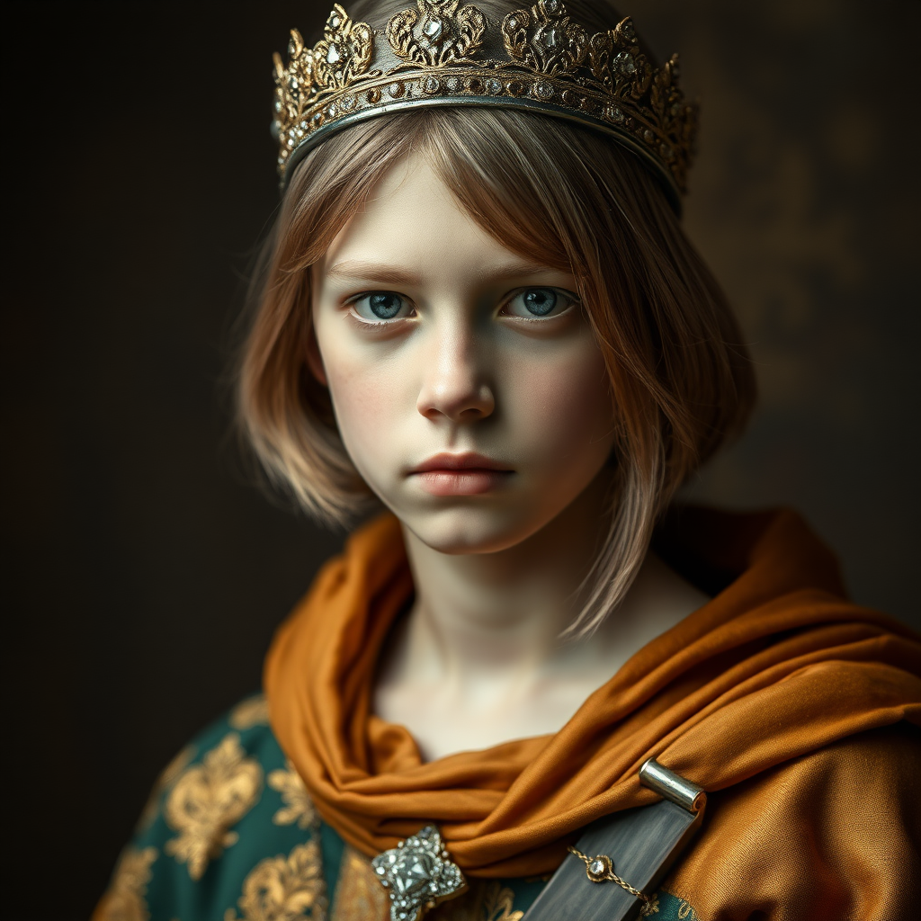 16yo teen boy prince, long bob cut, embroidered with gold and diamonds medieval cloths, diamond diadem and Beautiful War, natural Skin Texture, visualization of embossed Skin using the play of light and shadow. Free style by 50% Adolphe William Bouguereau, Academic realism and 15% Sandro Botticelli, early Renaissance and 35% Otto Lomüller, Boy Scout photorealism. The background is in the style of landscape style by Antonio del Polaiolo. Studio lighting, professional lighting. Generating the signature at the bottom: FluxBach. ultra high resolution, 16K,