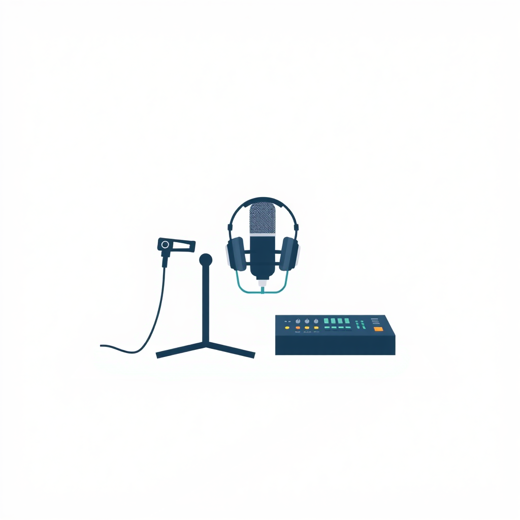 A minimalist, flat design illustration of a podcast setup. The image should include a microphone on a stand, headphones, and a sound mixer on a simple desk or tabletop. The background should be a plain, neutral color like white, gray, or light blue. The overall style should be clean, modern, and visually appealing as a generic stock image for podcasting.