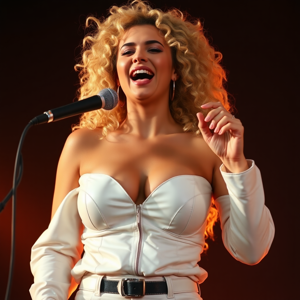 high energetic beautiful woman, age 24, very very large breasts, curly blonde hair, white leather top and pants, singing in front of a microphone, black background, warm lighting.