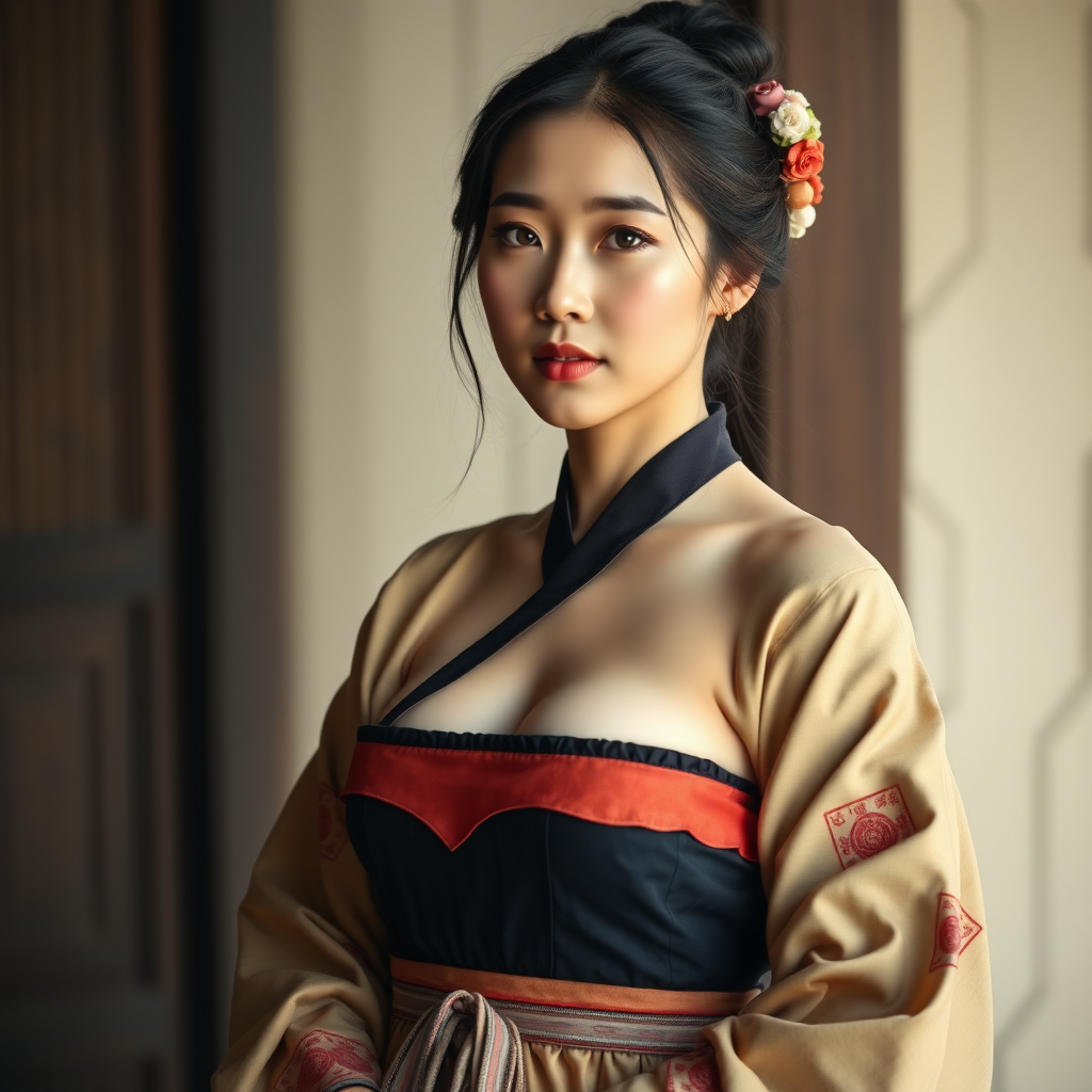 a Korean woman in ancient hanbok with nude breasts