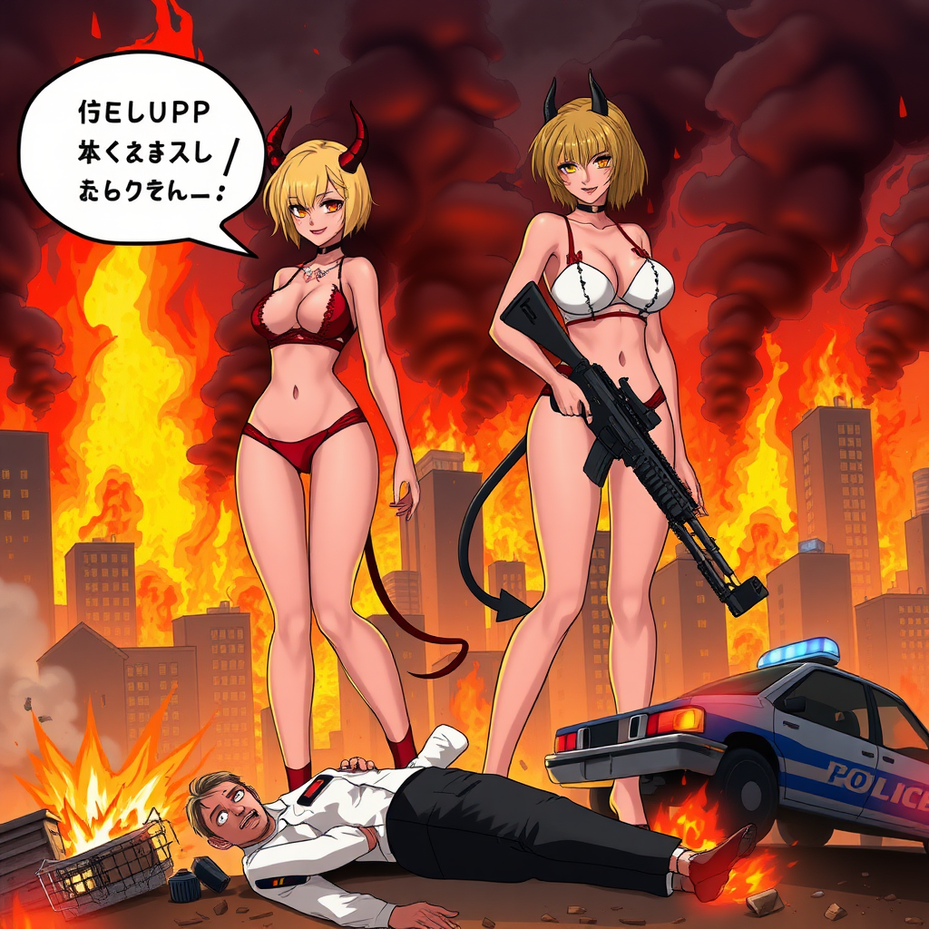 Anime, city on fire background, 2 mischievous tall-slender demon women, short blond hair, wearing sexy-micro bikini-bra-like clothing, micro g-string bikini, Womb tattoo on belly, mischievous wicked smile, large breasts, full body, long legs, looking at viewer, speech bubble with a burning city, holding rifle, down below is 1 white police human male on the floor dead, a building crumbling and exploding, a police car being flipped and on fire.