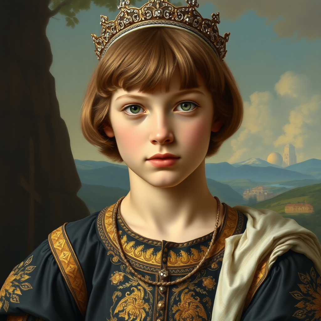 16yo teen boy prince, long bob cut, embroidered with gold and diamonds medieval cloths, diamond diadem, and Beautiful War. Free style by Adolphe William Bouguereau, Academic realism. The background is in the style of landscape style by Antonio del Polaiolo, Generating the signature at the bottom: Viva FLUX & Bach, ultra high resolution, 16K.