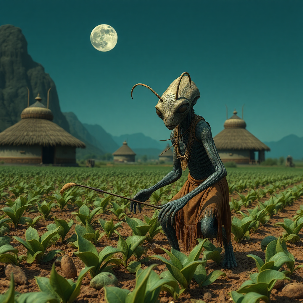 A humanoid arthropod alien in tribal clothing tilling a field of alien crops, alien huts in the background, ((two moons)) visible in the sky.