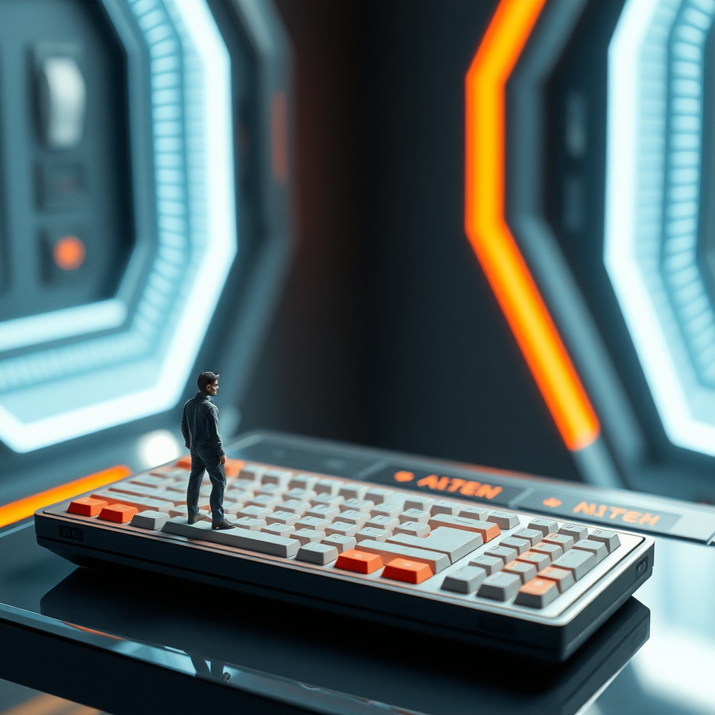 Sci-fi digital art. Tiny man standing on table near a futuristic keyboard that looks enormous compared to him. Looking up at the viewer.