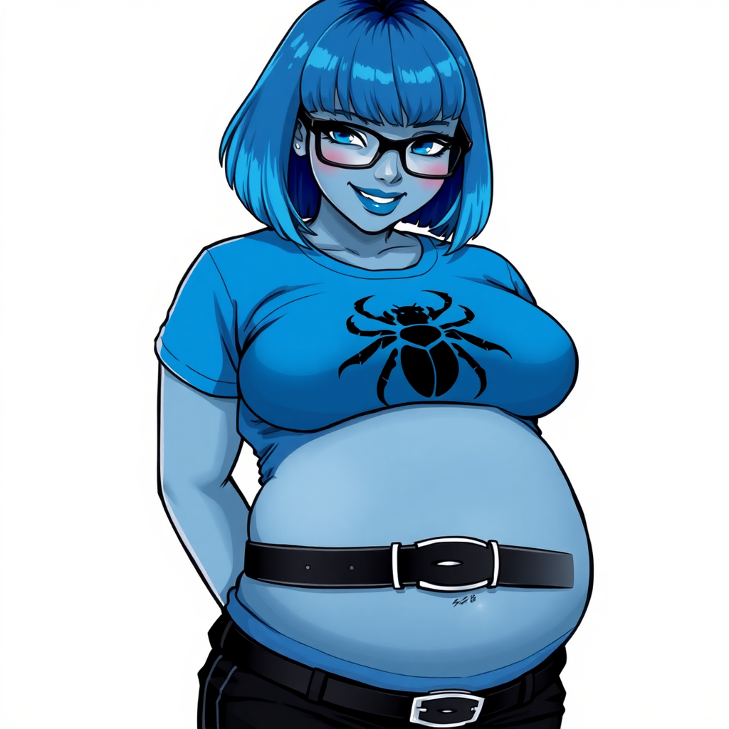 A 28-year-old, full-figured, metallic middle gray skinned computer program hybrid with a maximum blue bob cut. She has a non-athletic build, highlighted by a prominent, round midsection (with a focus on her belly). As a digital sidekick and computer hacker to her cyberpunk vigilante boyfriend, her middle gray metallic skin and maximum blue lipstick emphasize her digital nature. She wears a tight-fitting, maximum blue t-shirt (accentuating her belly) with a black chest icon of a beetle on its chest, black pants, a black belt with a sapphire scarab buckle, and black gloves. Her bright blue eyes, black eyeglasses, and shy smile with neon red blush accentuate her nerdiness. She bashfully bows her head with her hands behind her back, her t-shirt covering her midsection (especially her belly) and emphasizing her full-figured, non-athletic physique. She is on a solid white background. She is drawn as if she was in a retro 2D cyberpunk fighting game. She is clearly non-athletic, with a focus on her full figure. Make sure her t-shirt covers her midsection (especially her belly).