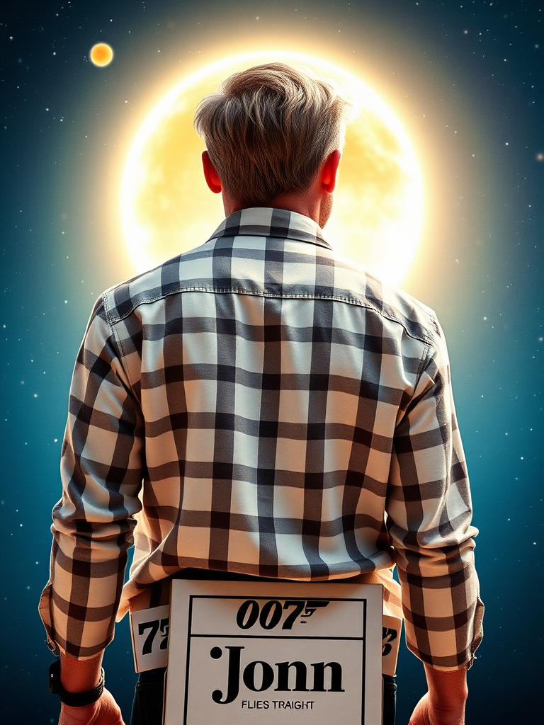 full-body photo, view from behind, a SCI-FI film poster, 1970 style poster, the blonde man in plaid shirt (white and black) standing on pack of cigarettes (with name "bond") that flies straight to the sun, universe, 4k, HDR