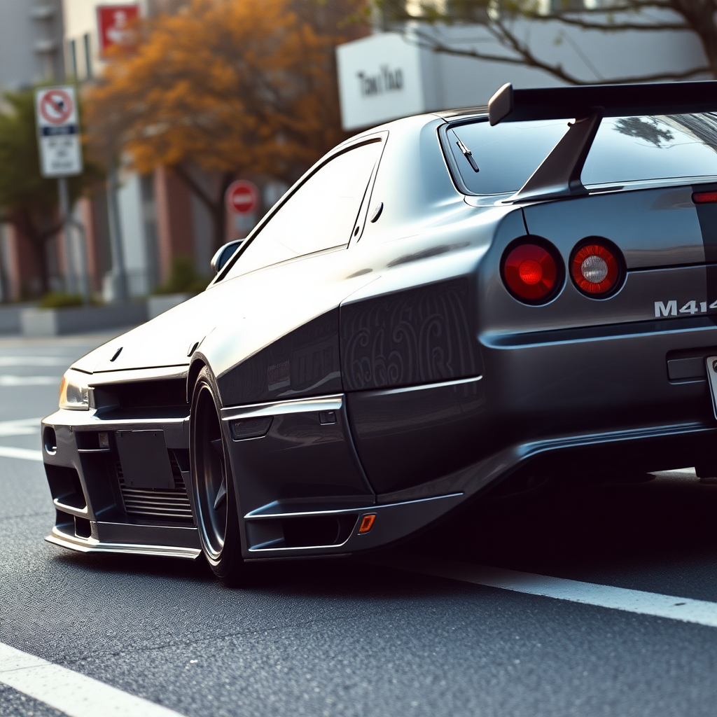 The car is parked on the side of the road, inspired by Taiyō Matsumoto, tumblr, restomod, nd4, c4 metallic shine gray black nissan skyline r34 kalabalik tokyo gece arkaplan