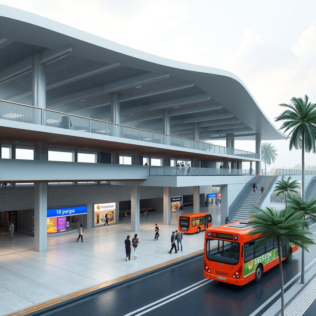 Concept design of bus terminal with stilt floor and staggered flooring with 2 storey structure. Bus terminal should be open, fluid, public space with commercial space.