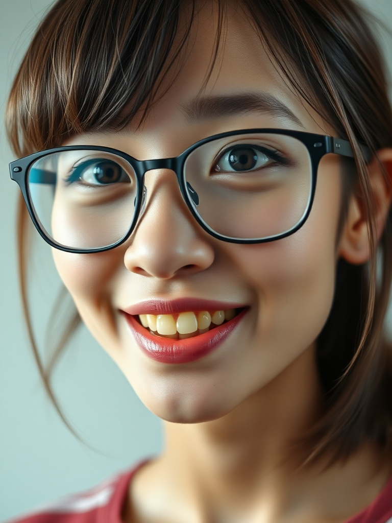 detailed, perfect proportion, high realism, real casual photo, japanese nerdy skinny woman with big nose, big mouth, big yellowish teeth, moles, big eyeglasses and medium hair, retarded